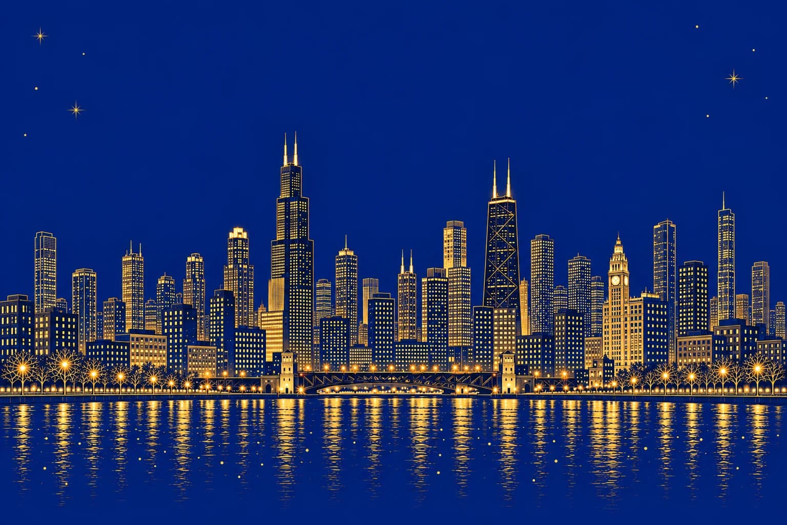 Chicago’s skyline and river rendered in gold on navy.